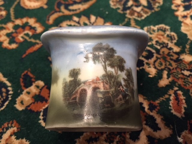 PORCELAIN HAT TOOTHPICK OR MATCH HOLDER Country Scene Vintage