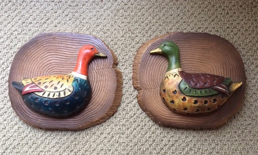 VTG Set of 2 Lefton Porcelain Duck Wall Plaques with Stickers #5224 Signed