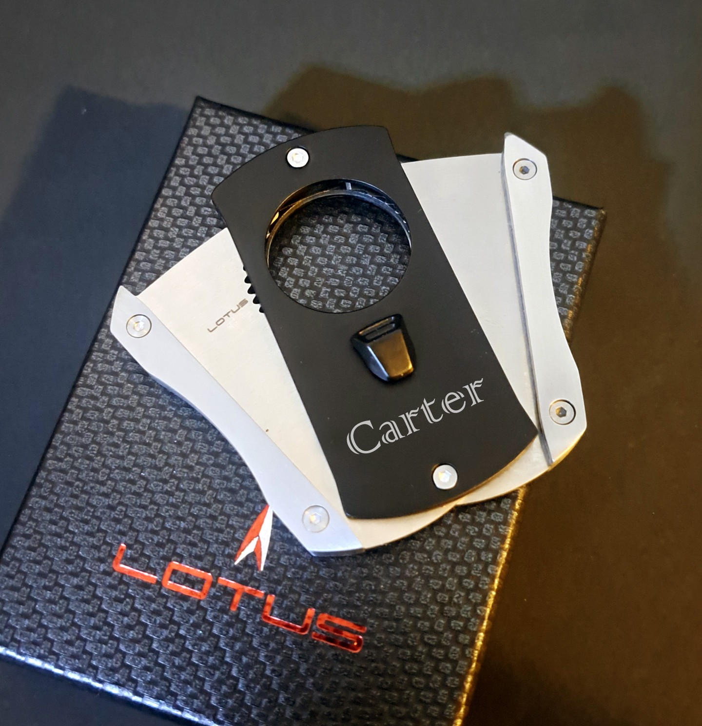 Lotus Deception Serrated Cigar Cutter | Black & Chrome | Custom Engraved | New Lotus Deception Serrated Cigar Cutter | Black & Chrome | Custom Engraved | New
