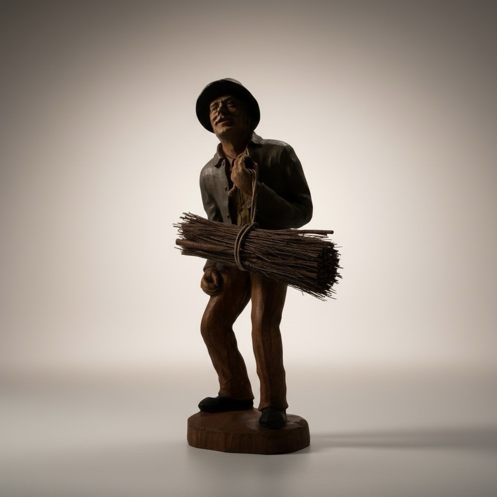 Vintage Hand Carved Wooden Man Figurine Folk Art Sculpture Bundle Sticks 13.5 in