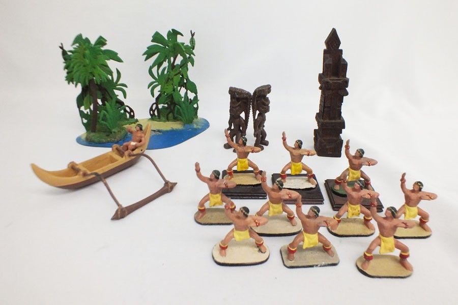 Vtg Hawaiian Lead Tin Toy Figure Lot Outrigger Canoe Tiki Soldier Hawaii 16 Pcs