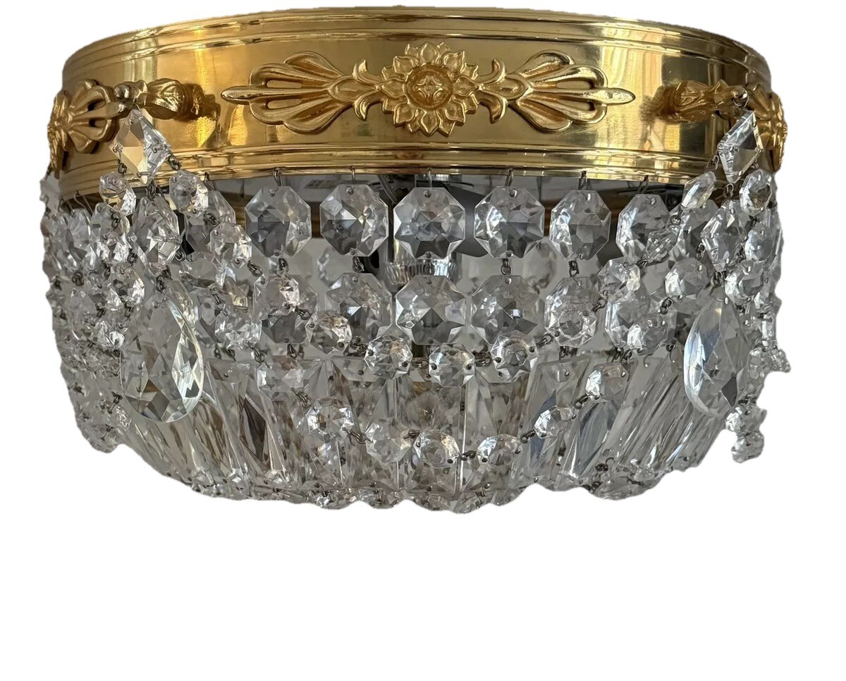 French Crystal Ceiling Light Beaded Chandelier Flush Mount Italy 16” Exquisite
