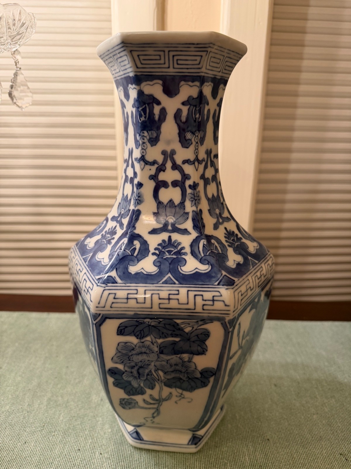 Vintage Chinese Blue/White Hexagonal Vase Grapevines/Floral, Mid 20th Cen, 14