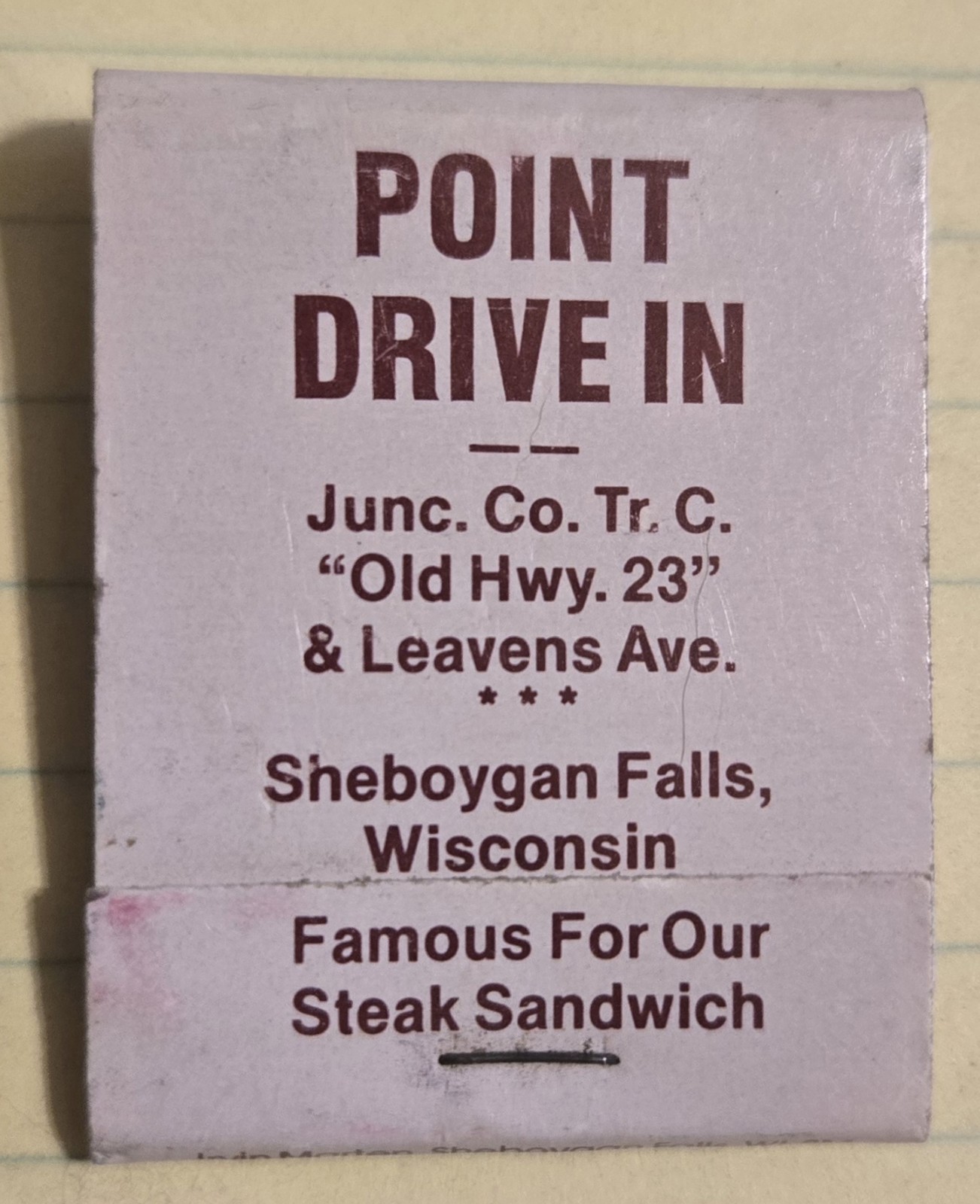 Point Drive In Restaurant Matchbook AS IS Sheboygan Falls  Wisconsin WI Y1