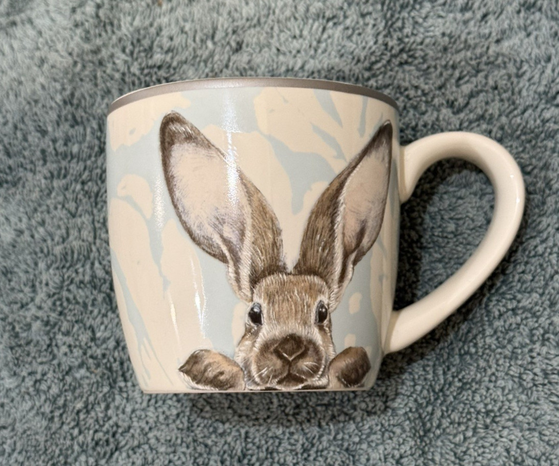 William Sonoma Blue Damask Easter Bunny Rabbit Hare Coffee Cup Mug 10 ounce EUC