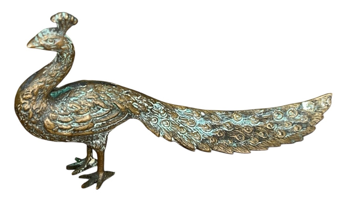 Vtg Brass Peacock Figurine Gold Tone Bird Sculpture Home Decor 5.5 x 7” Patina