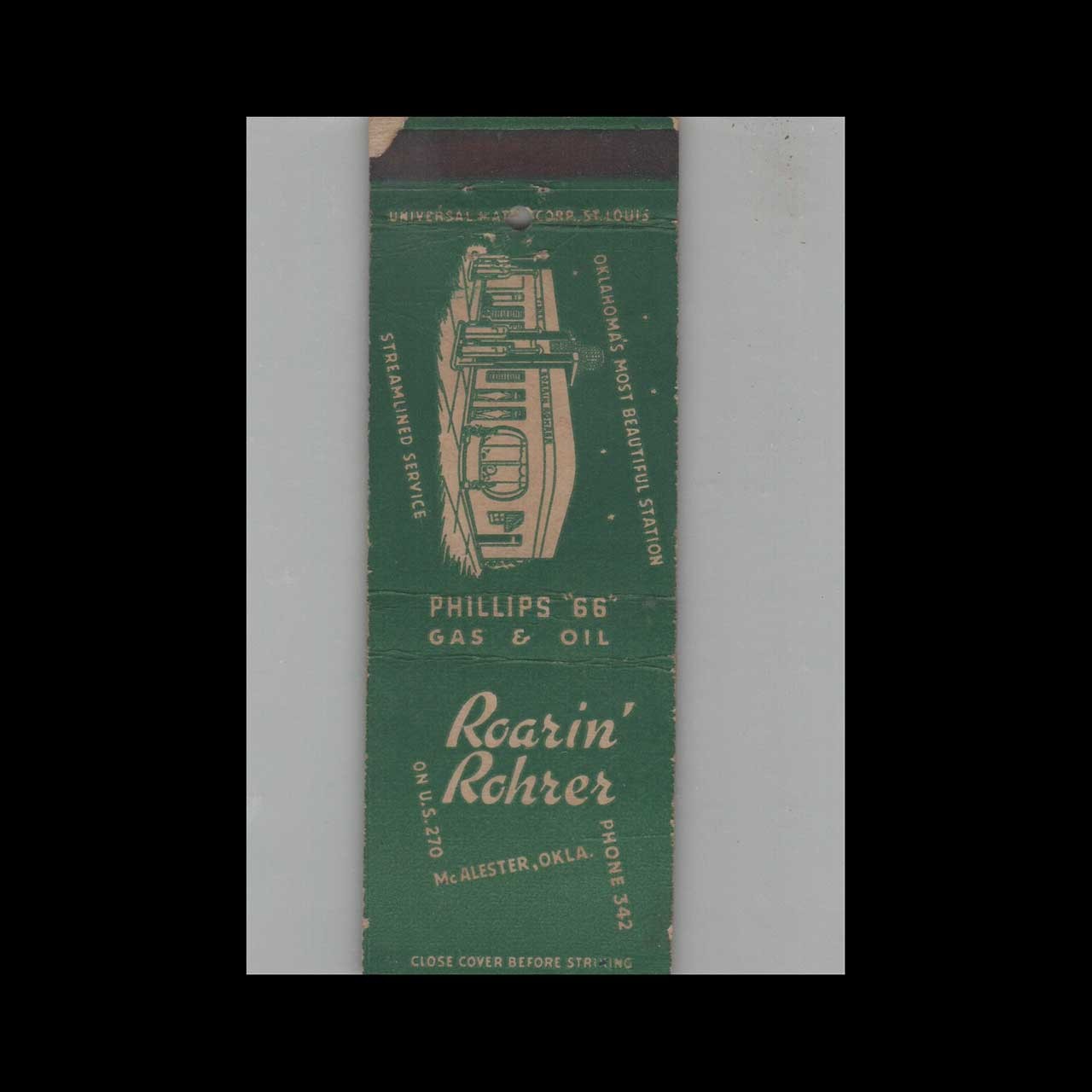Matchbook Cover Phillips 66 Roarin\' Rohrer McAlester OK