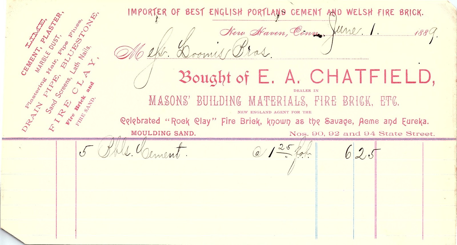 1889 E.A. Chatfield, New Haven, CT Cement Billhead