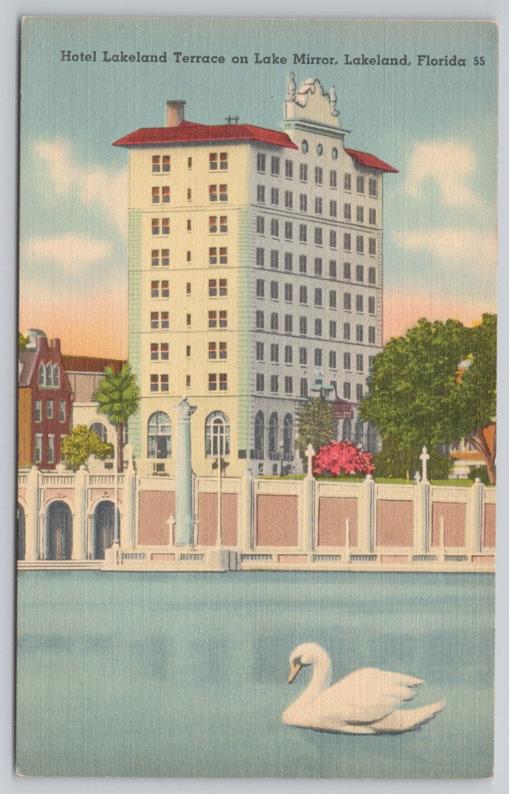 Postcard Lakeland, FL, Hotel Lakeland Terrace on Lake Mirror, Trimmed A10113