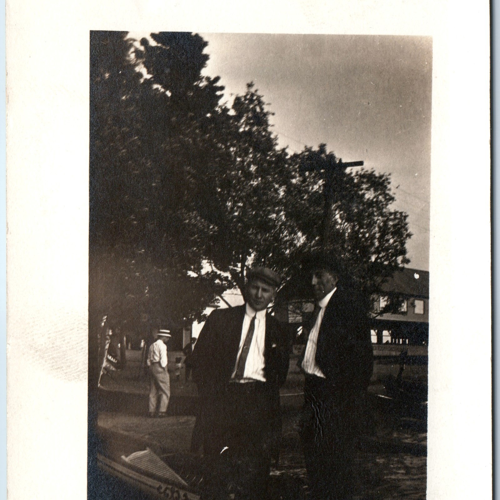 c1910s Outdoor Gangster Men RPPC Cool Guys Newsboy Cap Boat House Photo PC c1910s Outdoor Gangster Men RPPC Cool Guys Newsboy Cap Boat House Photo PC