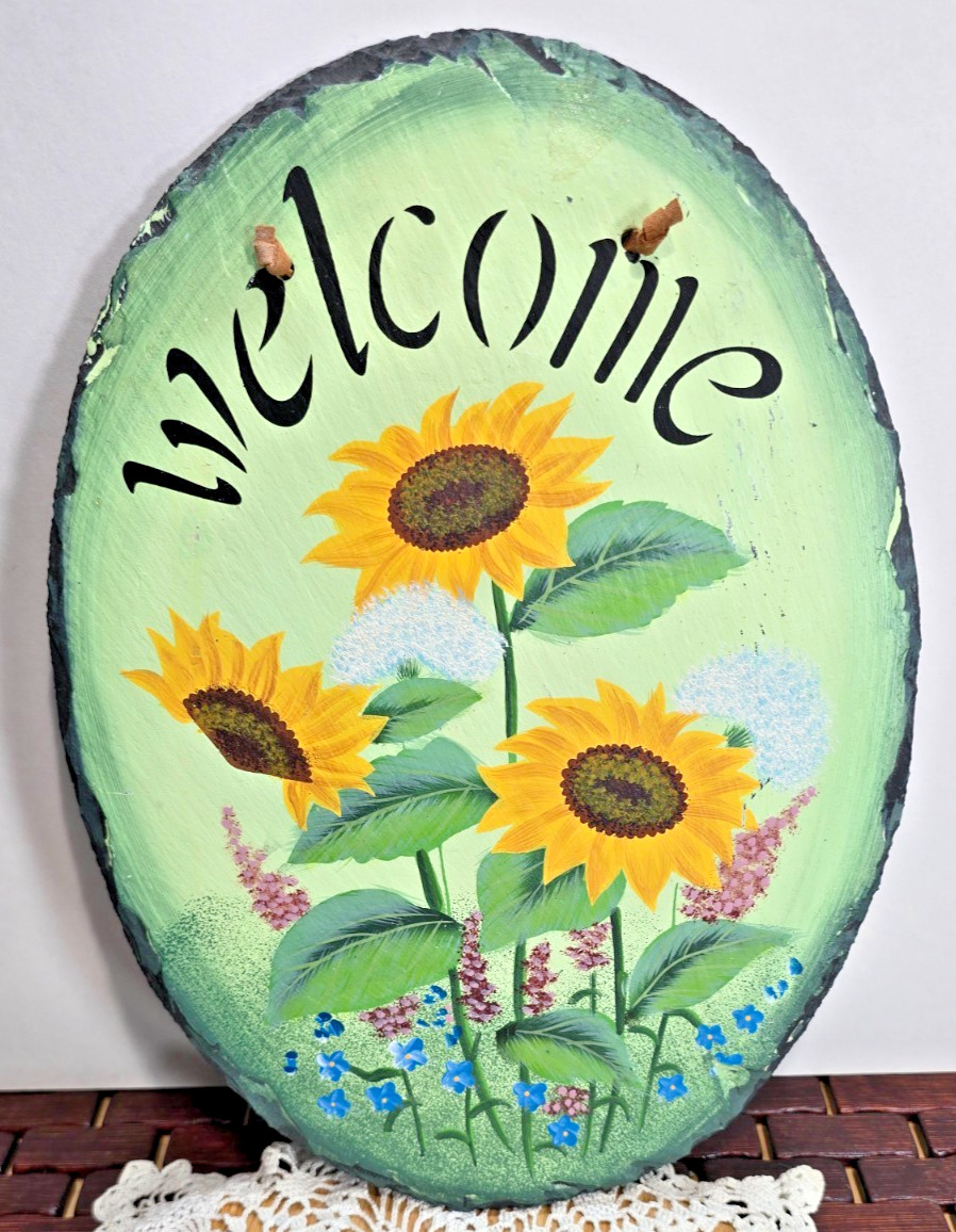Hand-Painted Oval Roofing Slate Plaque Featuring Vibrant yellow sunflowers