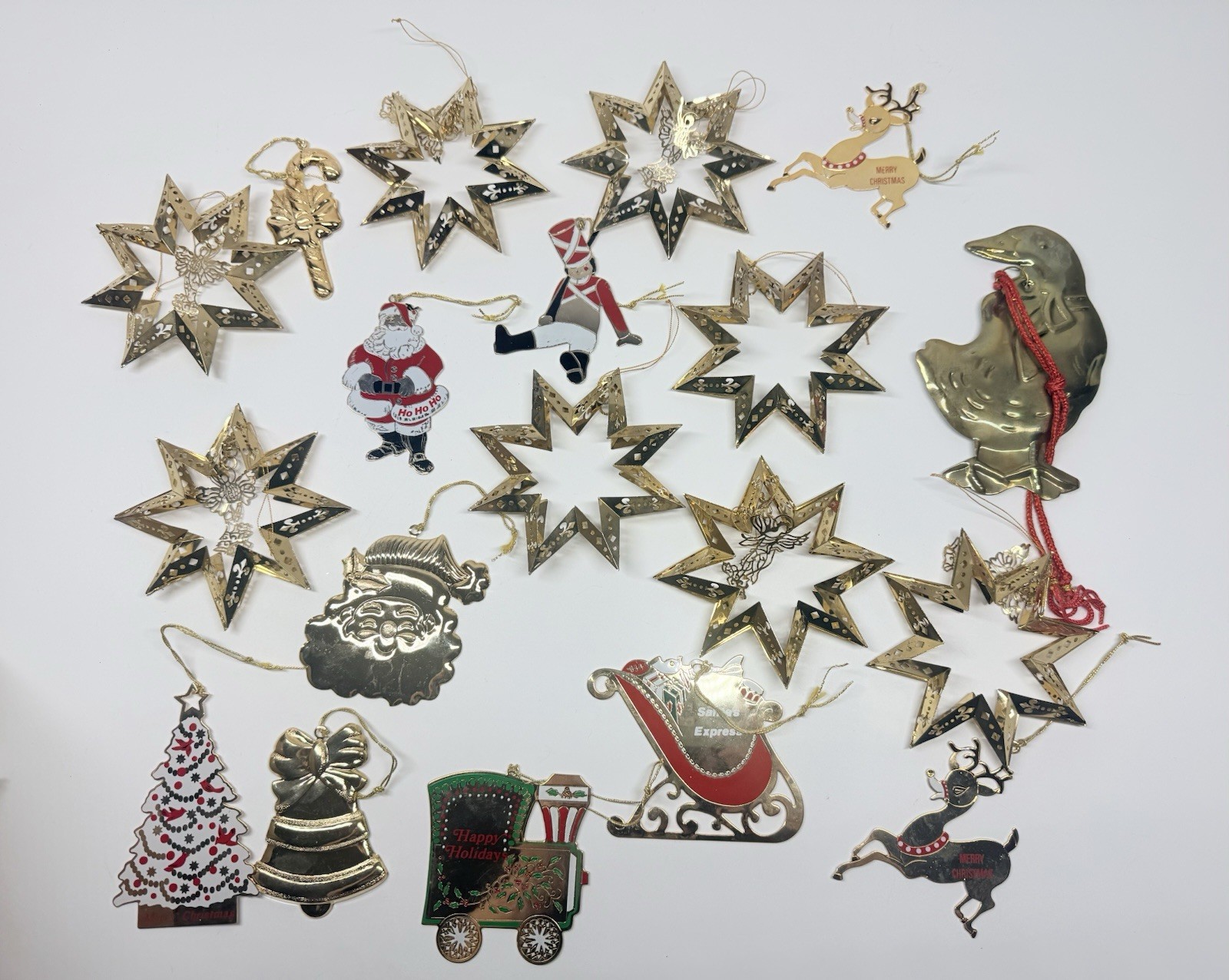 Vintage Lot Of 19 Christmas Ornaments Gold Brass Metal Duchin Santa Goose Stars