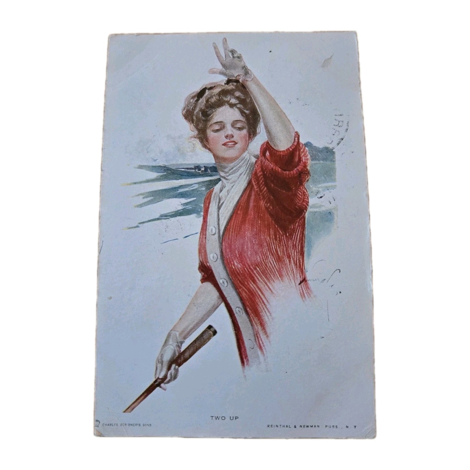 c1911 Pretty Woman Holding Golf Club Red Dress Antique Postcard