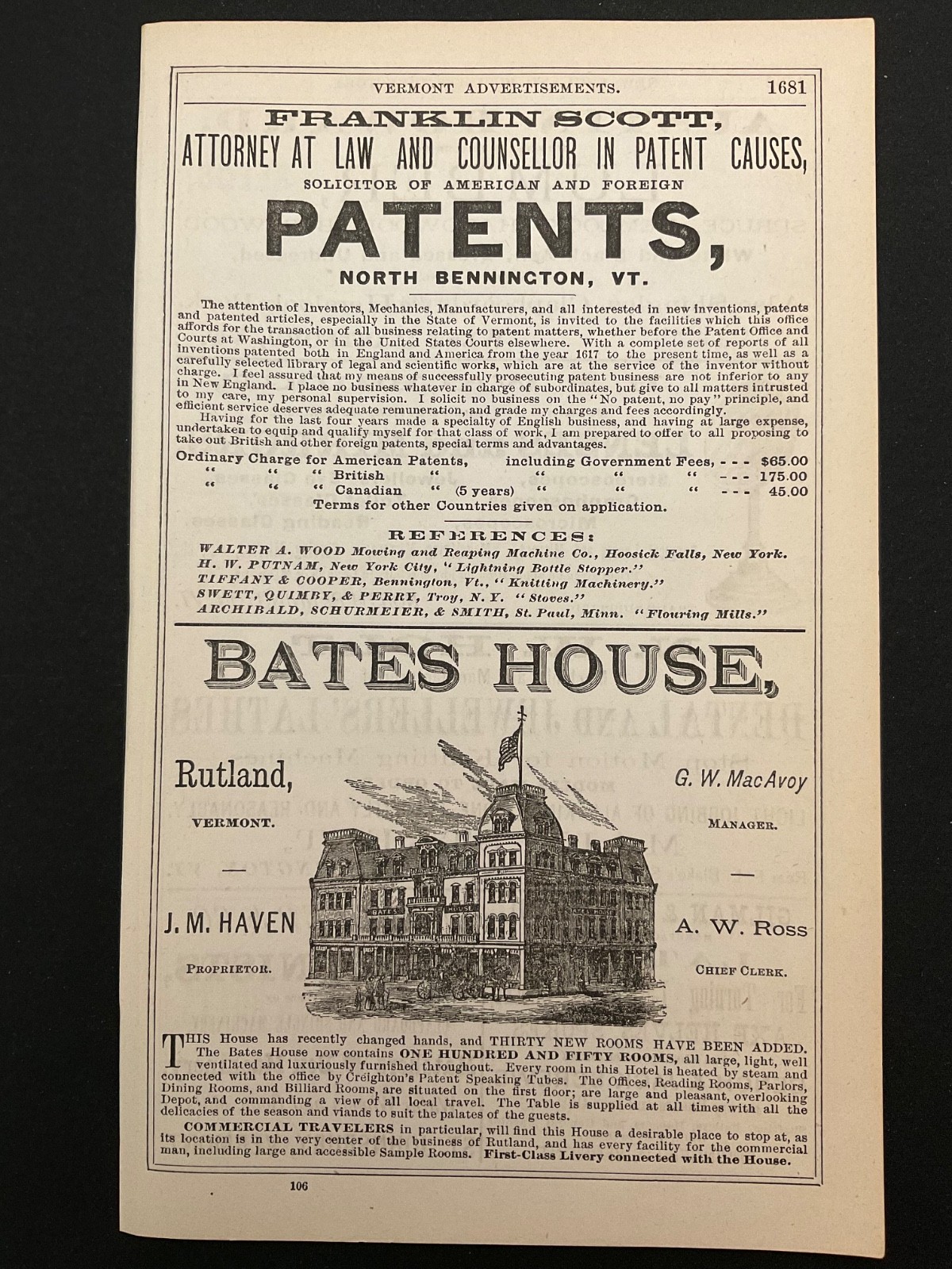 1883 Antique Ad Page Bates House Hotel Rutland, Walbridge Lenses Microscopes VT