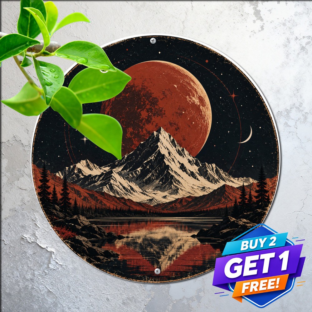 Minimalist Moonlit Snowy Peaks Lake Round Sign Winter Mountain Wilderness Plaque