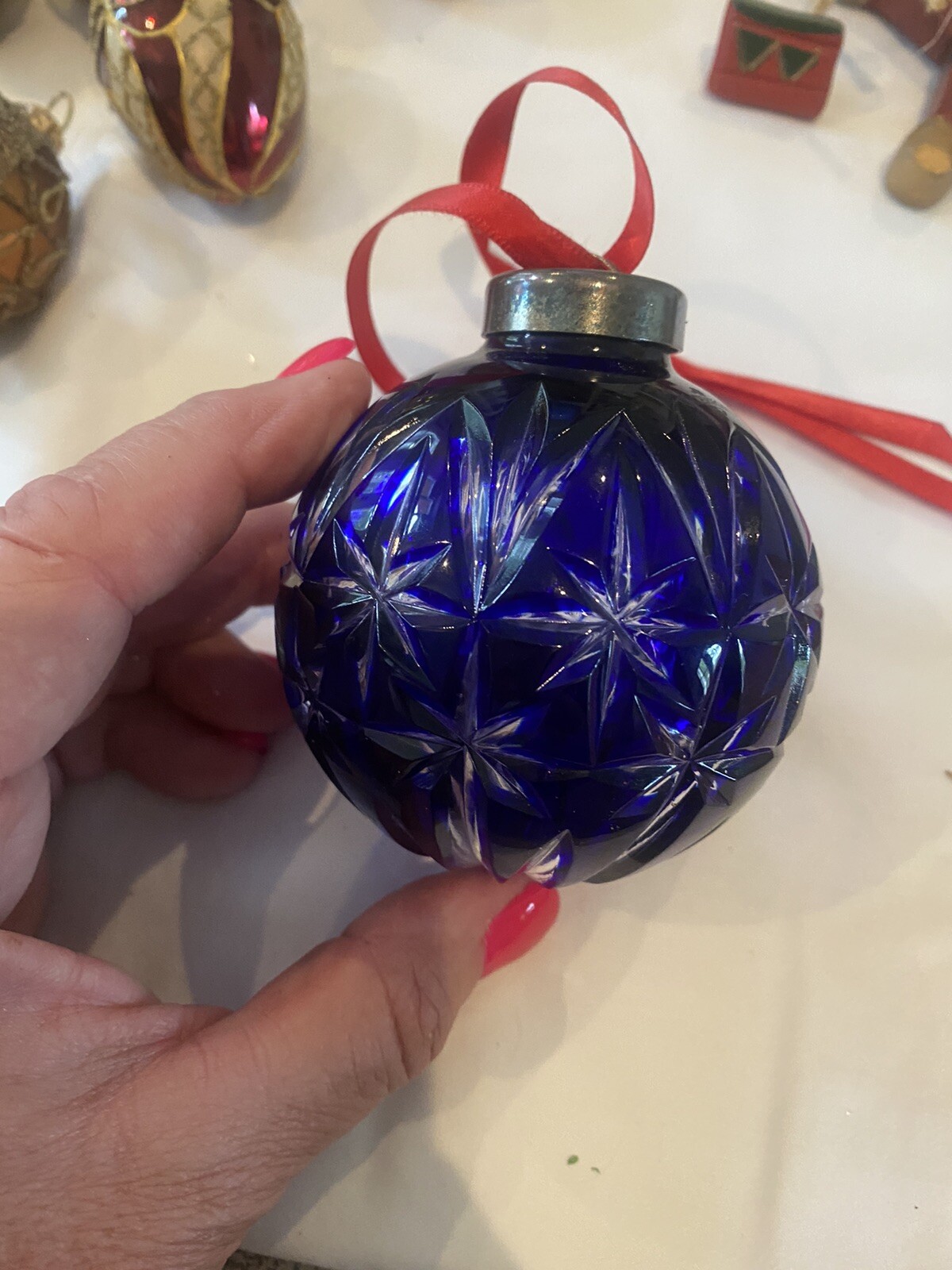  Waterford Signed Cased Cobalt Blue Cut to Clear Crystal Ball Christmas Ornamen