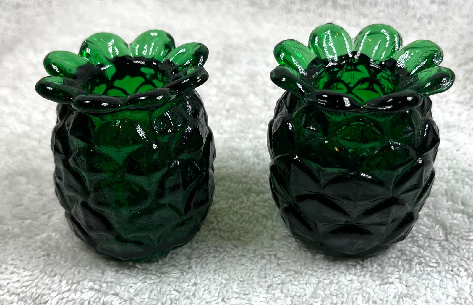 Vintage MCM Green Heavy Glass Tropical Pineapple Candle Holders (78) Vintage MCM Green Heavy Glass Tropical Pineapple Candle Holders (78)