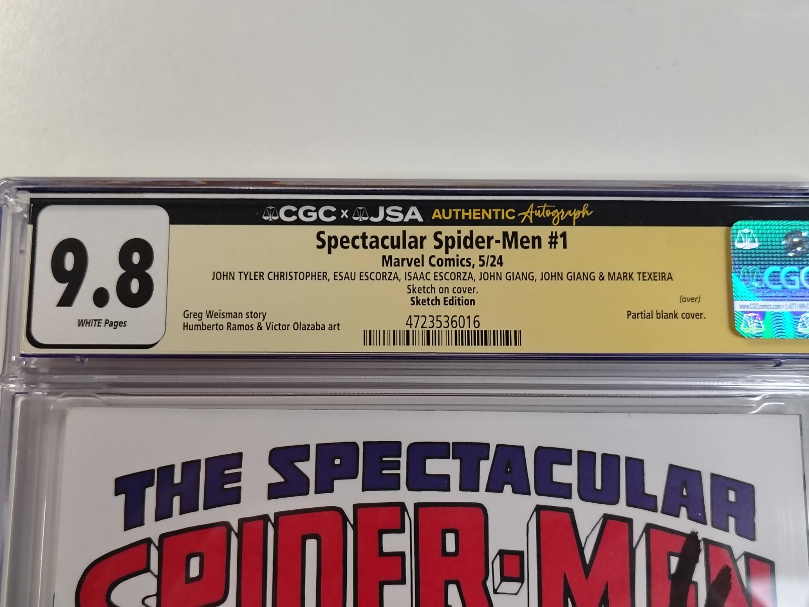 The Spectacular Spider-Men #1 CGC JSA 9.8 Jam Piece - Giang JTC Escorza Texera The Spectacular Spider-Men #1 CGC JSA 9.8 Jam Piece - Giang JTC Escorza Texera