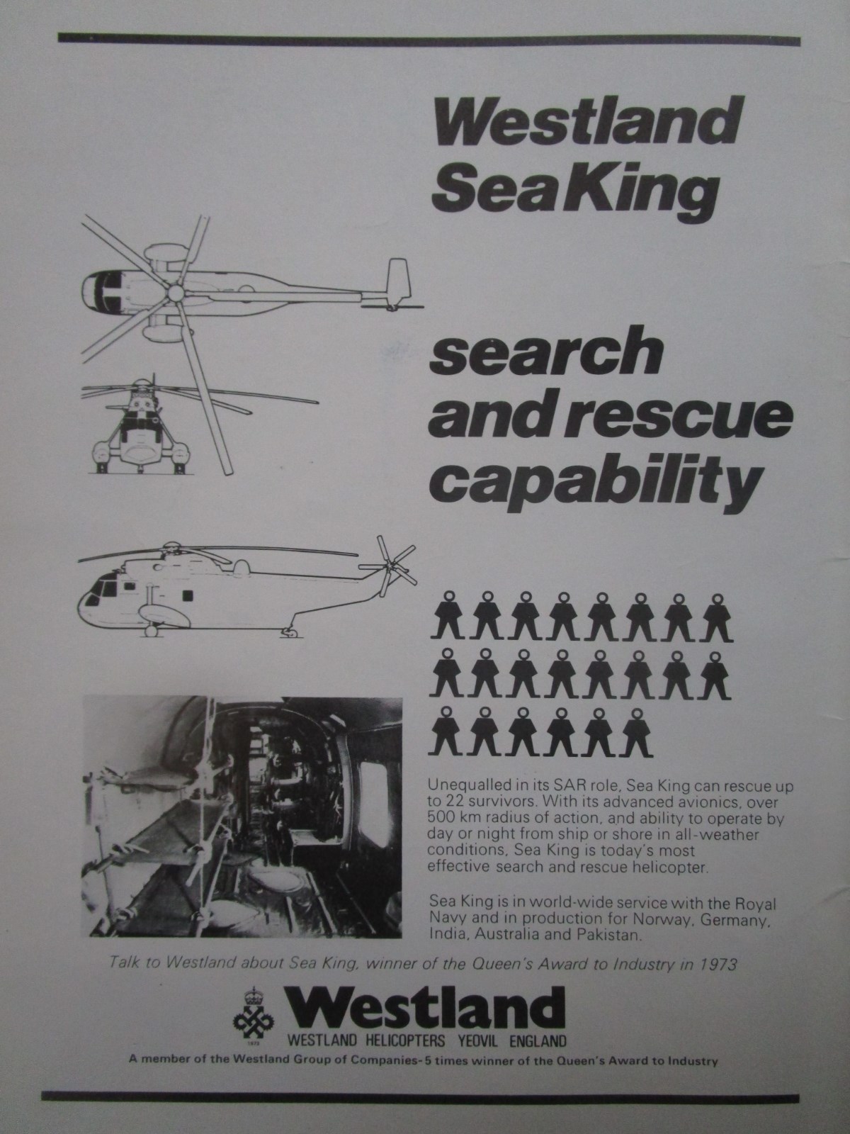 4/1974 PUB WESTLAND SEA KING HELICOPTER ROYAL NAVY SAR SEARCH & RESCUE AD