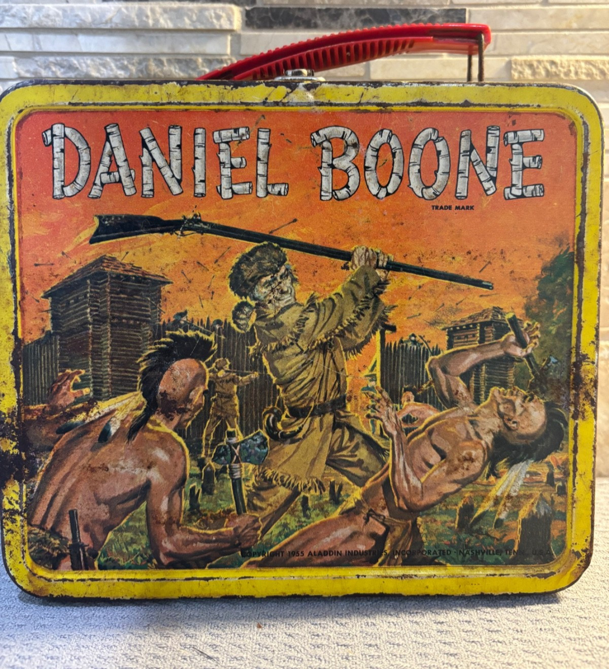 Vintage 1955 Daniel Boone Metal Lunchbox Aladdin Industries 1st Ed No Thermos Vintage 1955 Daniel Boone Metal Lunchbox Aladdin Industries 1st Ed No Thermos