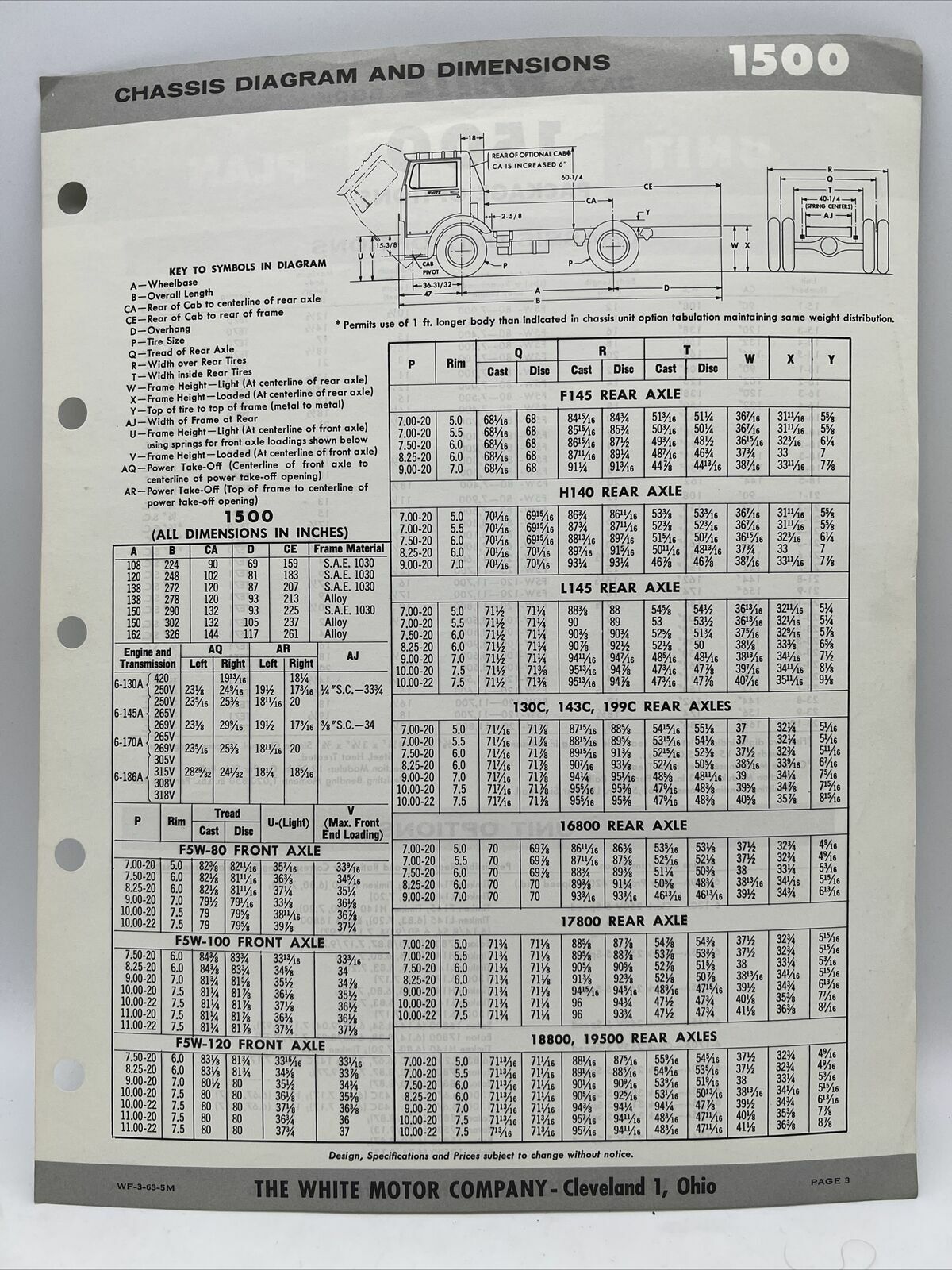1963 THE WHITE MOTOR COMPANY 1500 CHASSIS DIAGRAM AND DIMENSIONS & OPTIONS