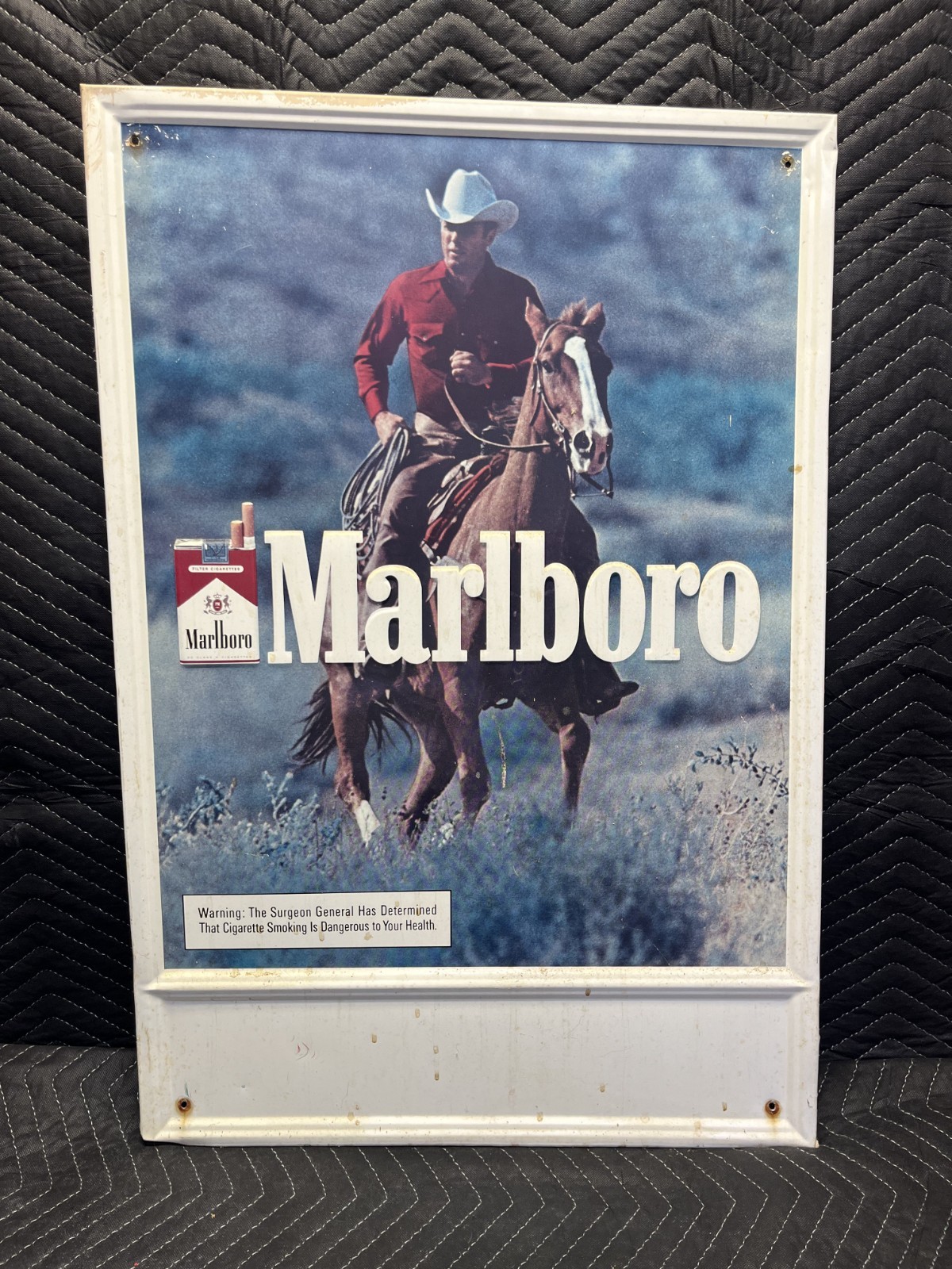 Vintage 1980s Marlboro Country Cowboy on Horse Metal Sign (23 x 34)