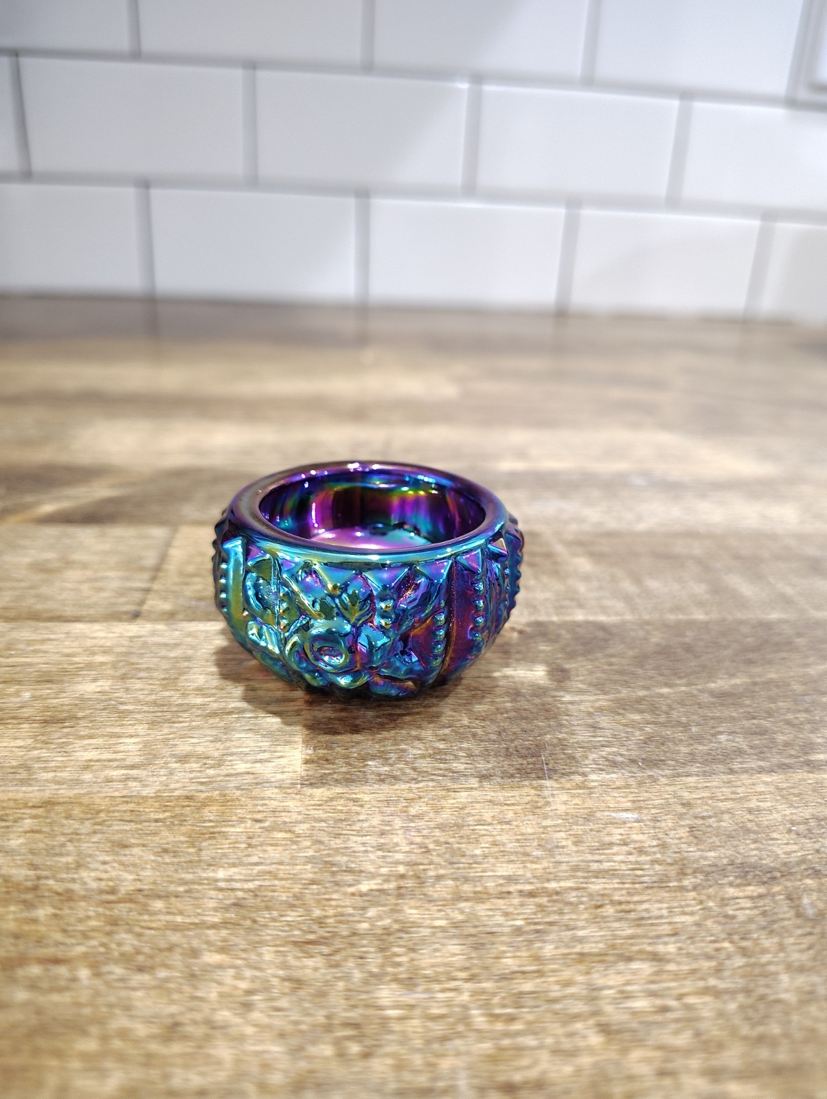 Vintage Iridescent Carnival Glass Salt Cellar Floral Embossed Oil Slick Blue HTF
