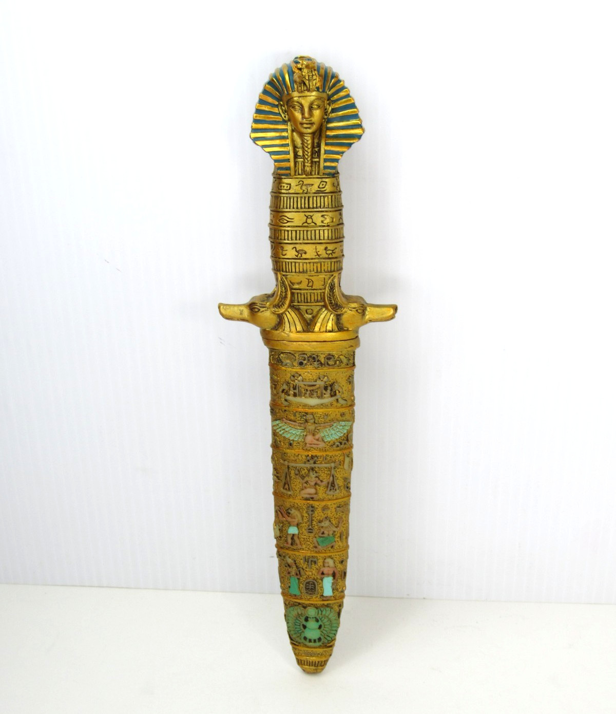 Vtg RARE Egyptian Pharaoh King Tut Knife Dagger Blade + Sheath Gold Resin Ornate