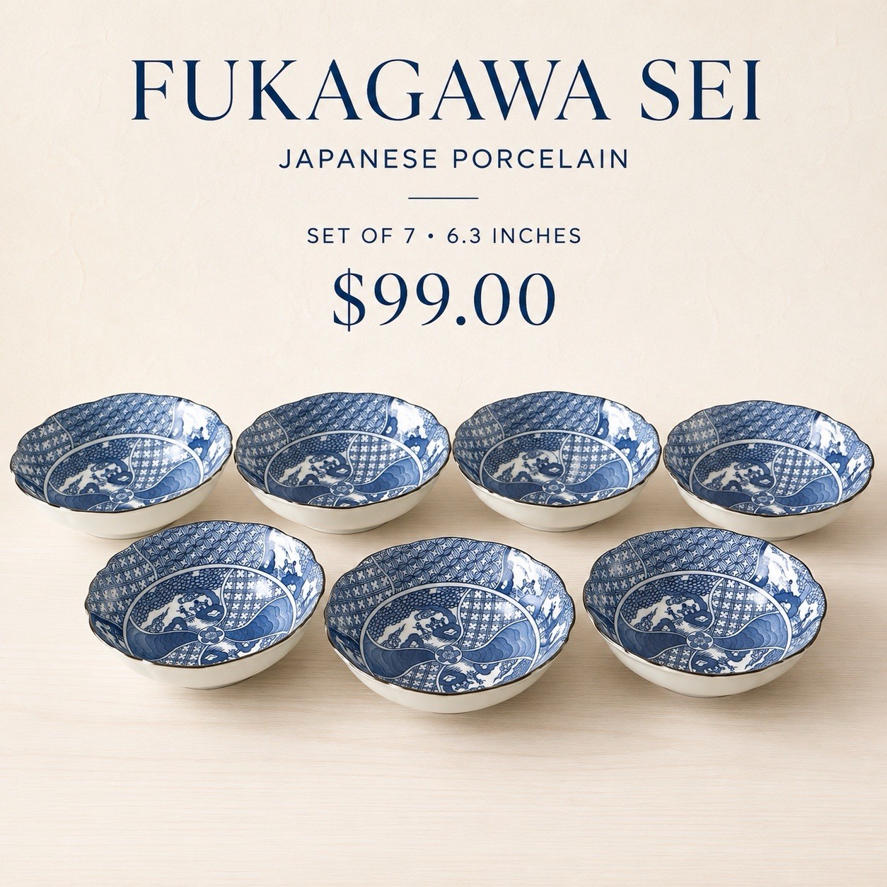 Fukagawa Sei Japanese Arita Blue & White Porcelain Set 7 Bowls.News.