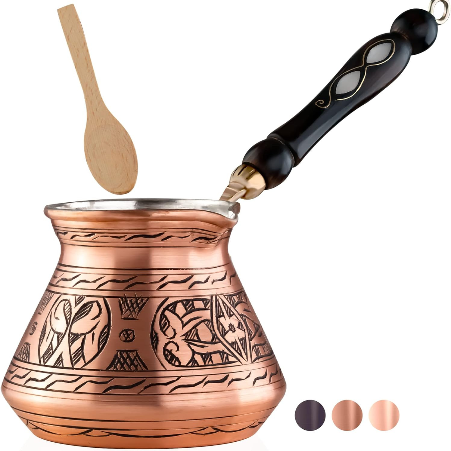 18 Oz Handmade Copper Turkish Coffee Pot, Hand-Engraved Cezve & Spoon