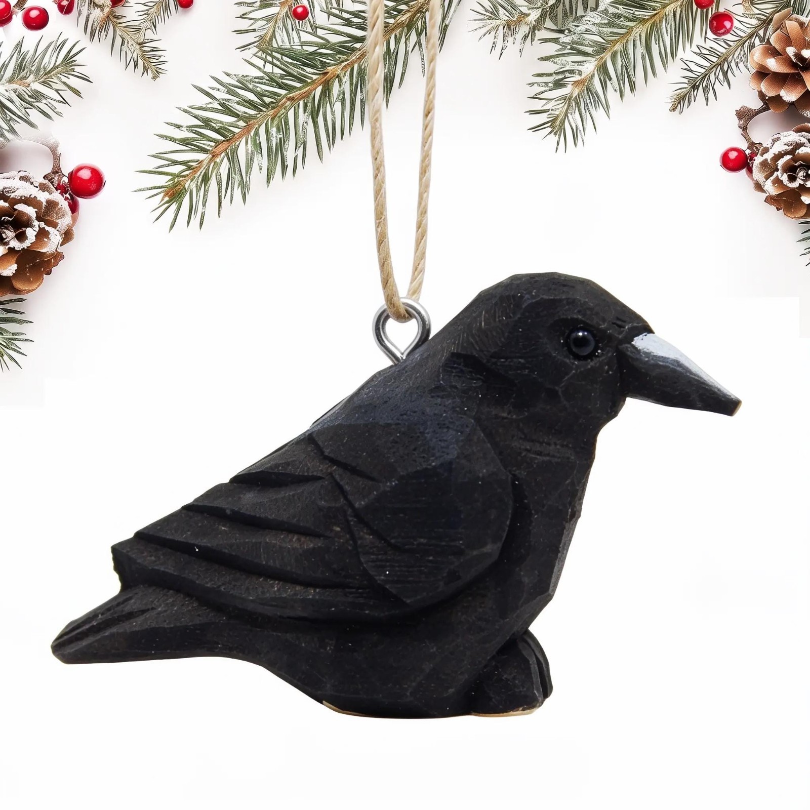 Hand Carved Raven Wooden Figurine Black Bird Sculpture Rustic Home Decor