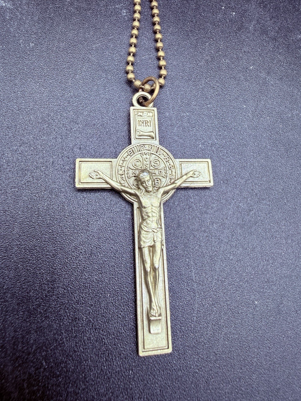 Large Lined Beveled Bronze St Benedict Crucifix Cross Necklace