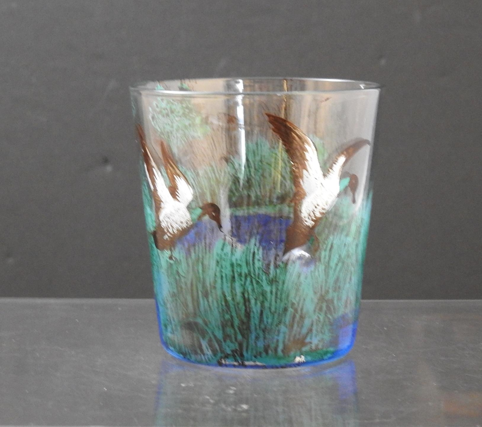 Vintage Hand Painted Duck Scene Glass Tumbler About 3 1/4\