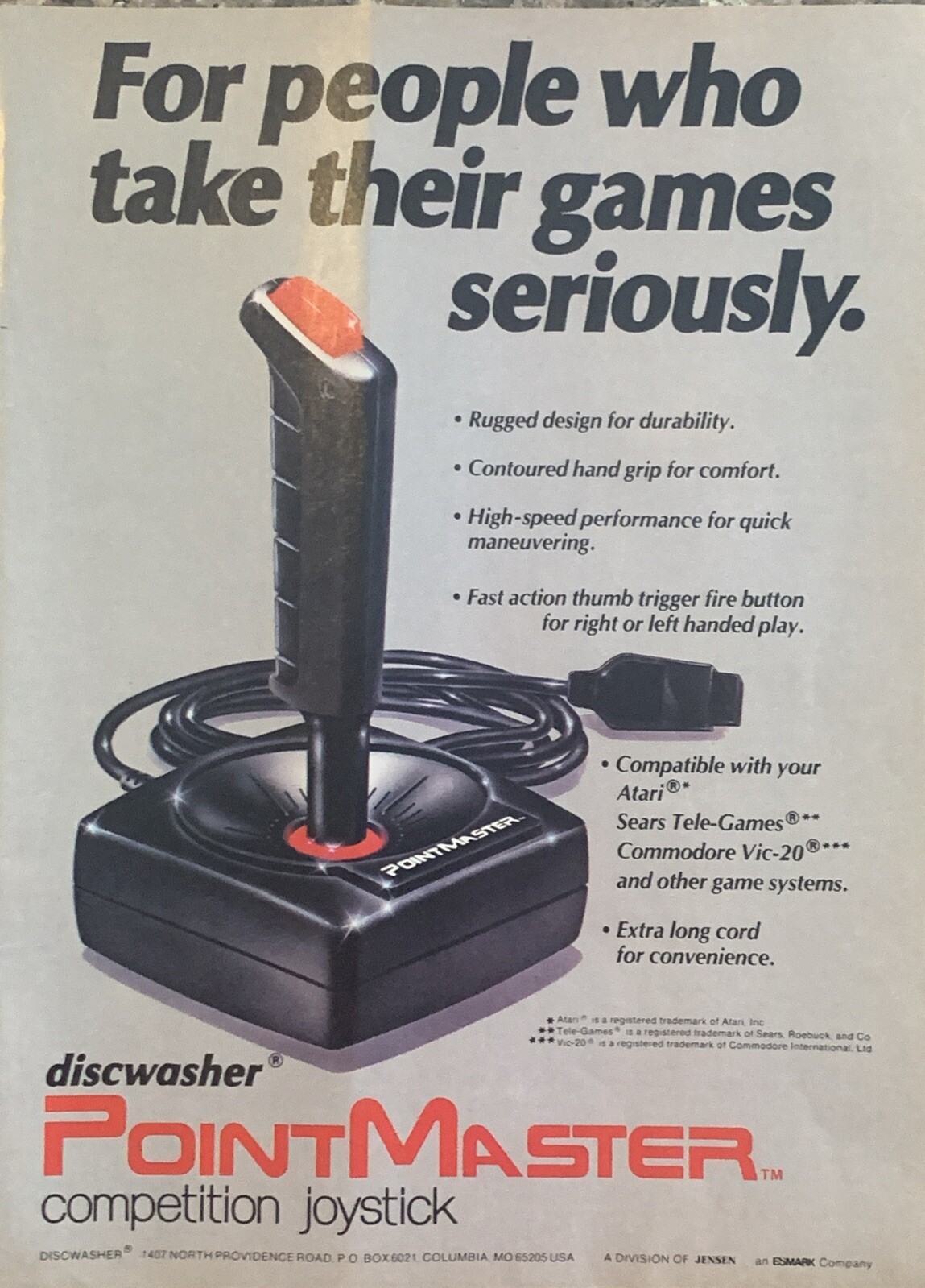 1982 PointMaster Competition Joystick PRINT AD Discwasher Atari / Sears VTG 80s