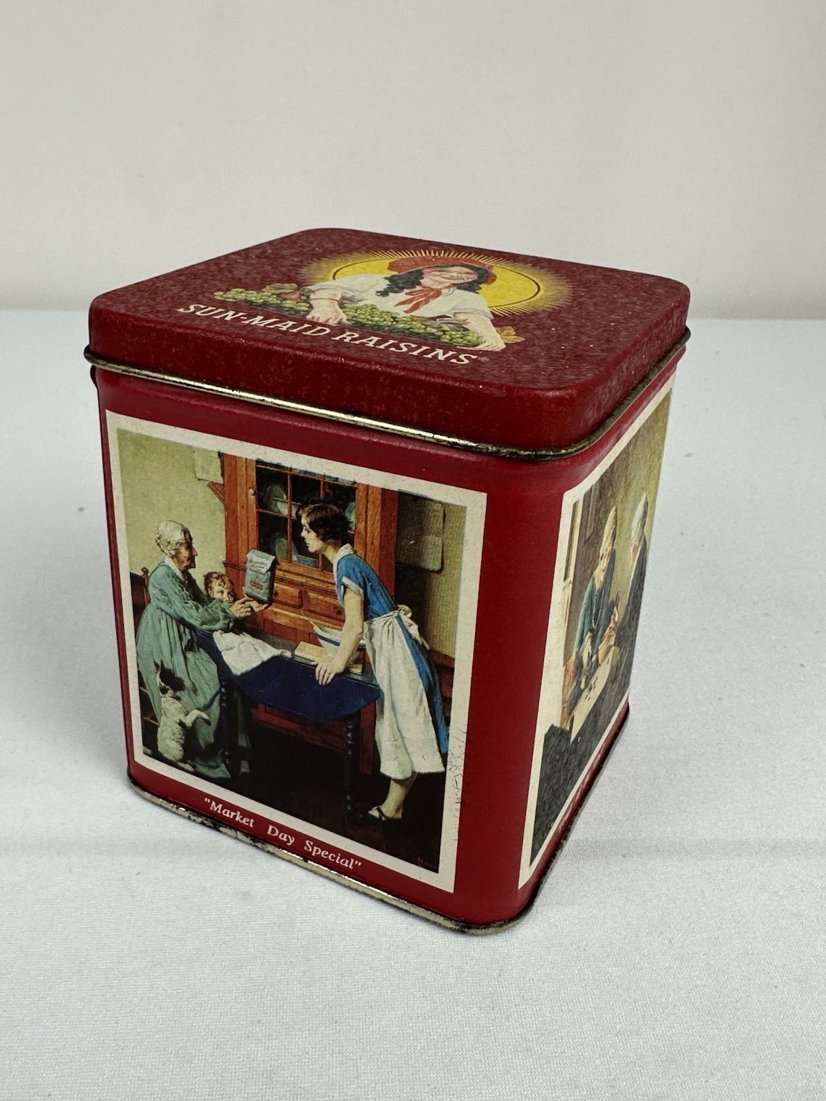 VTG 90s Sun-Maid Raisins Collectors Tin 1992 Picture Graphics Red Cube Shape