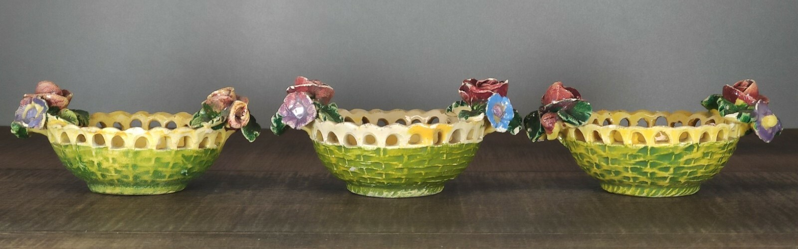 3 Miniature Ceramic Basket With Flowers Trinket Dish Italy *Damaged As-Is*