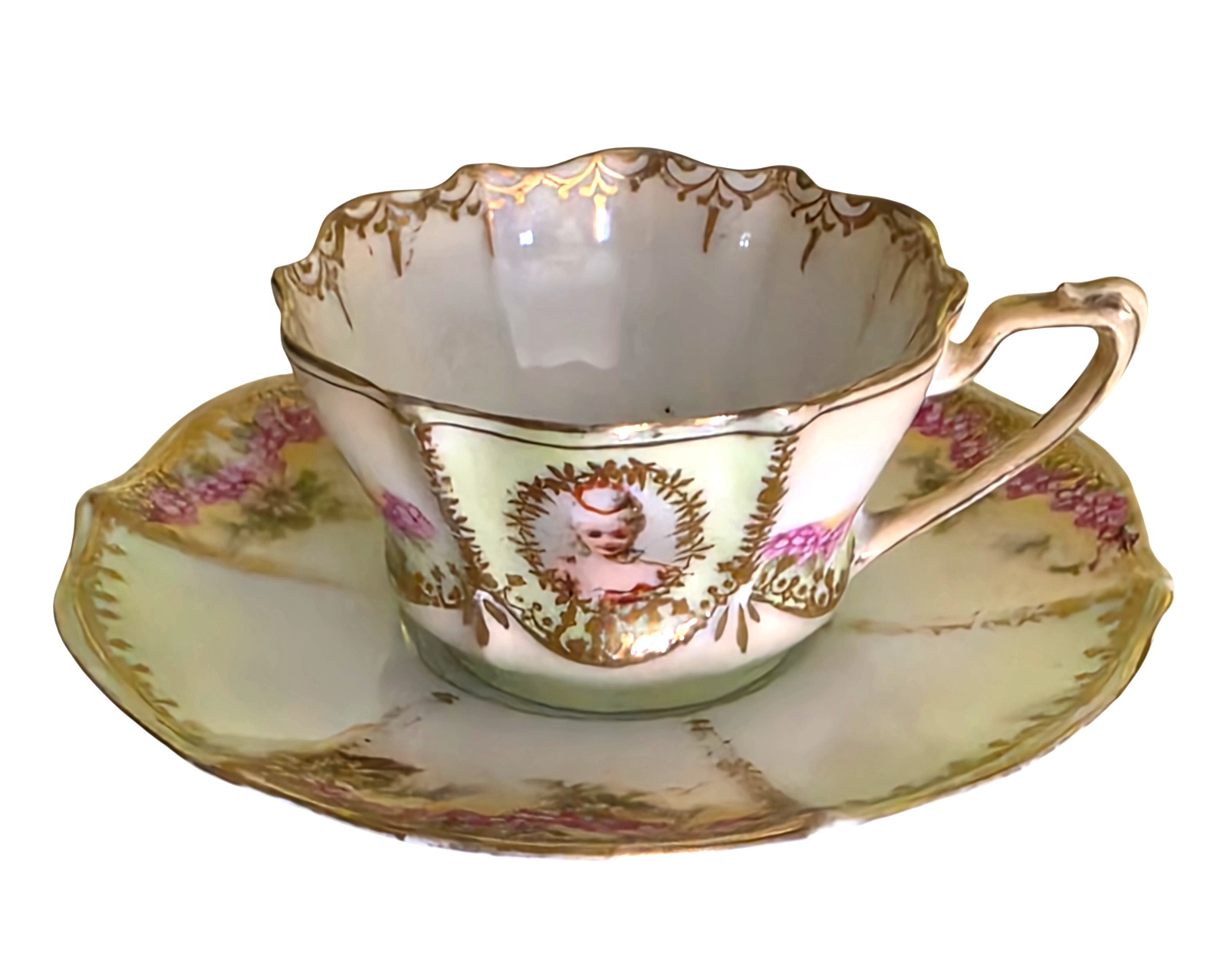 Antique RS Prussia Red Mark Demitasse Cup Saucer Victorian Lady Portrait Gold