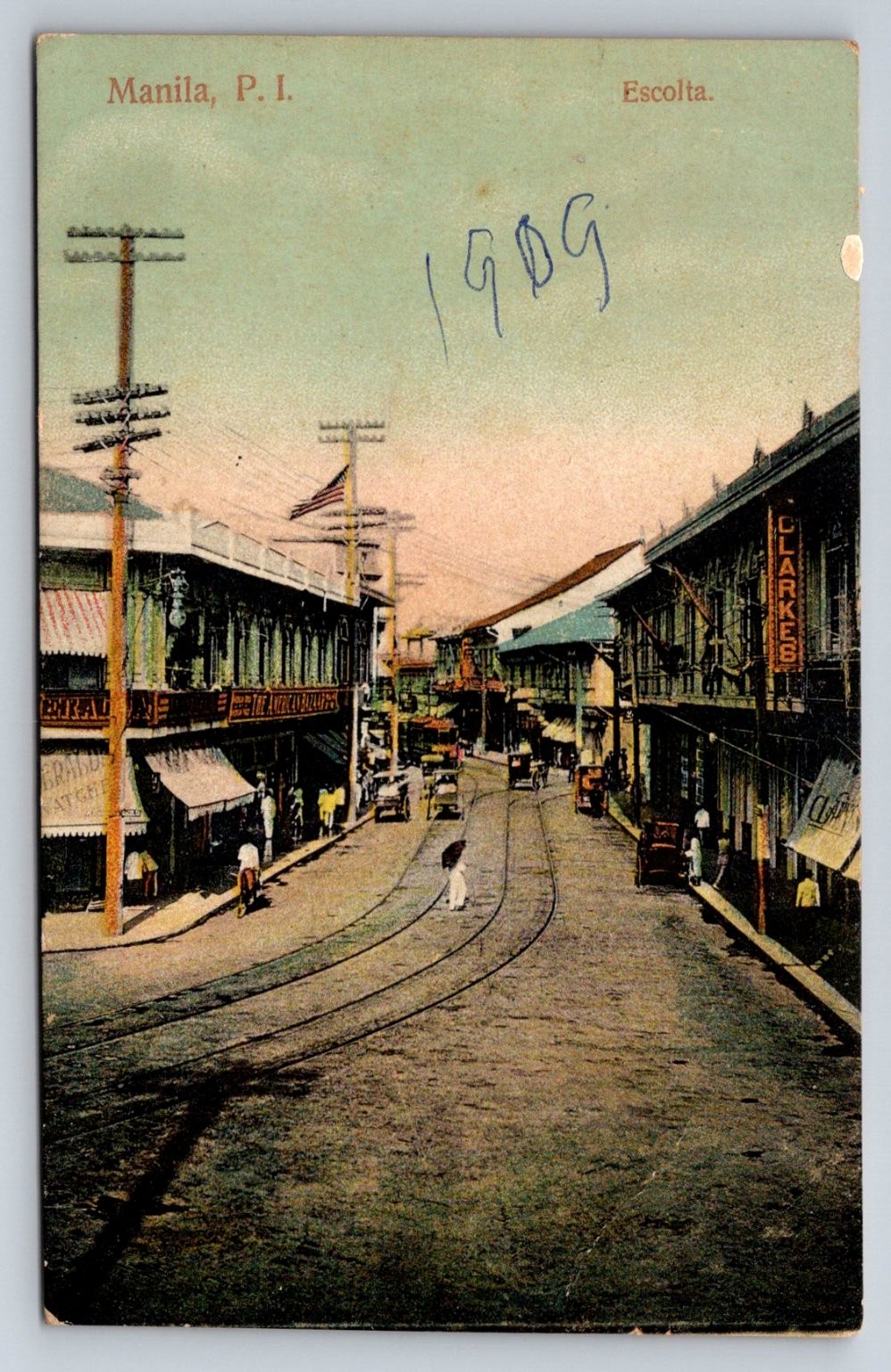 Vintage 1909 Escolta Street Manila Philippines RP Postcard US Flag Scene