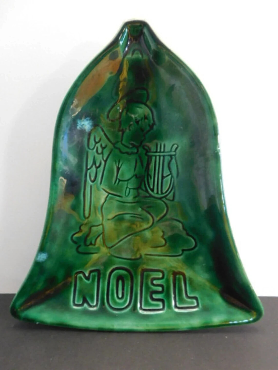 Deep Green Ceramic Bell Shaped Candy Dish Featuring an Angel and \
