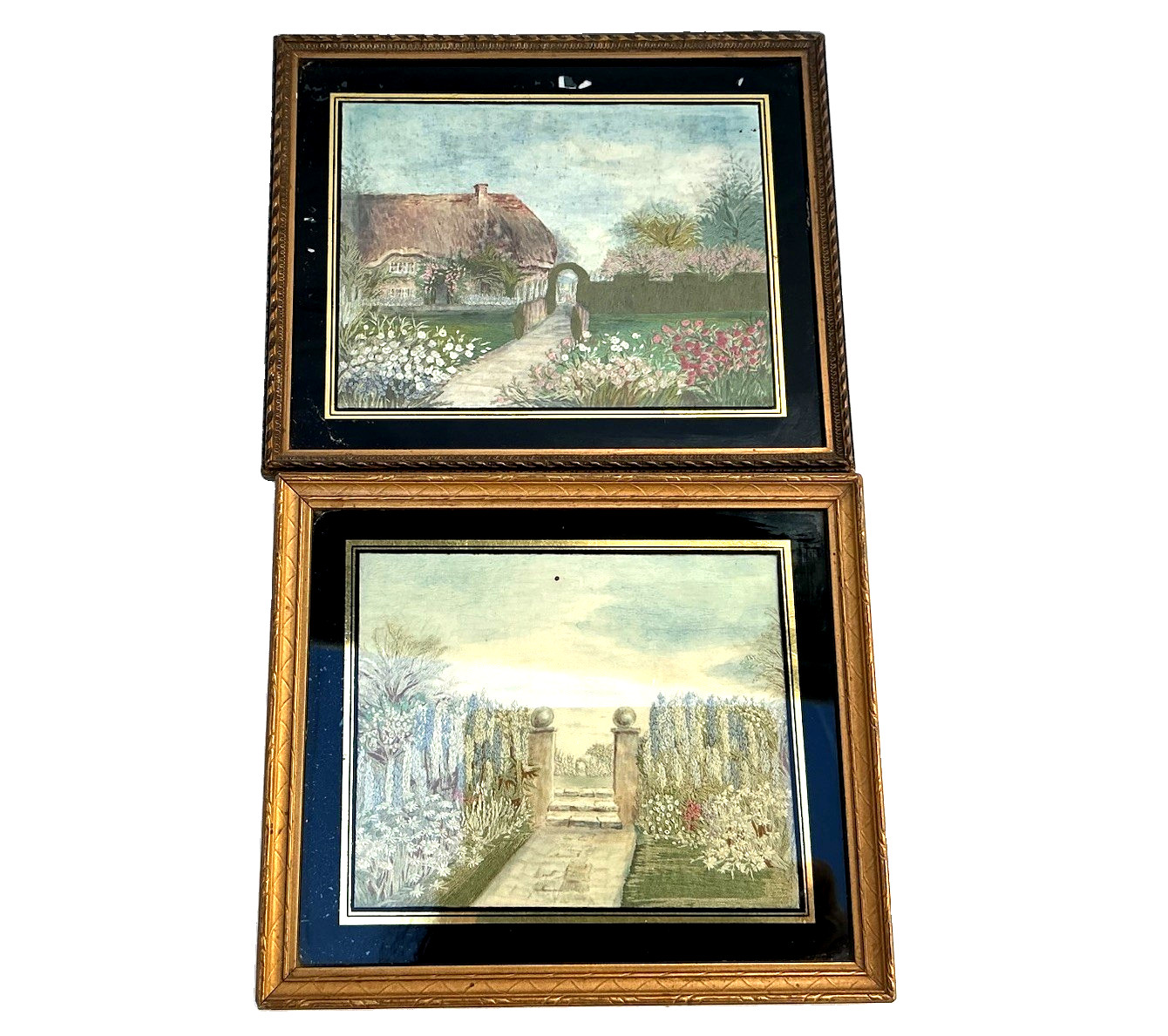 Two Antique Framed Silk Embroidery Verre Eglomisé Frames - Garden Scenes