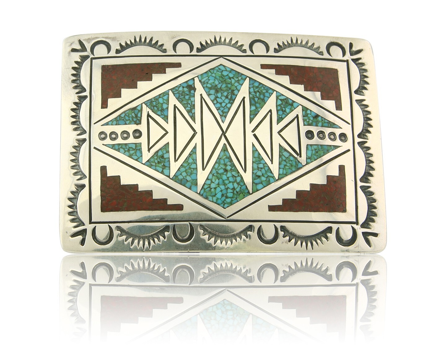 Vintage Navajo Belt Buckle 925 Silver Inlaid Gemstone Signed Stanley Bain C.80\'s