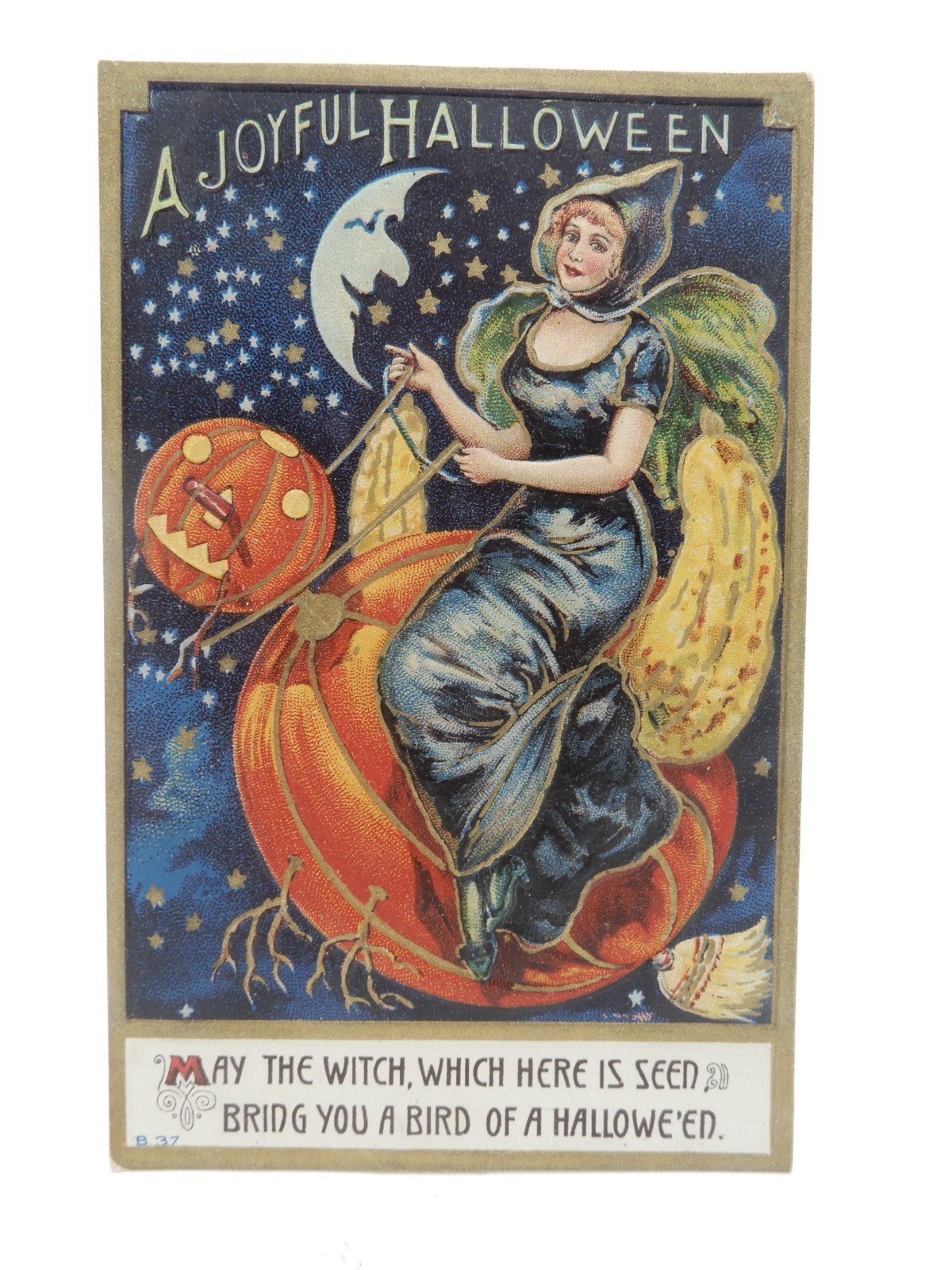 Great B-37 Series Halloween Postcard Witch Rides on a JOL Broom Great B-37 Series Halloween Postcard Witch Rides on a JOL Broom