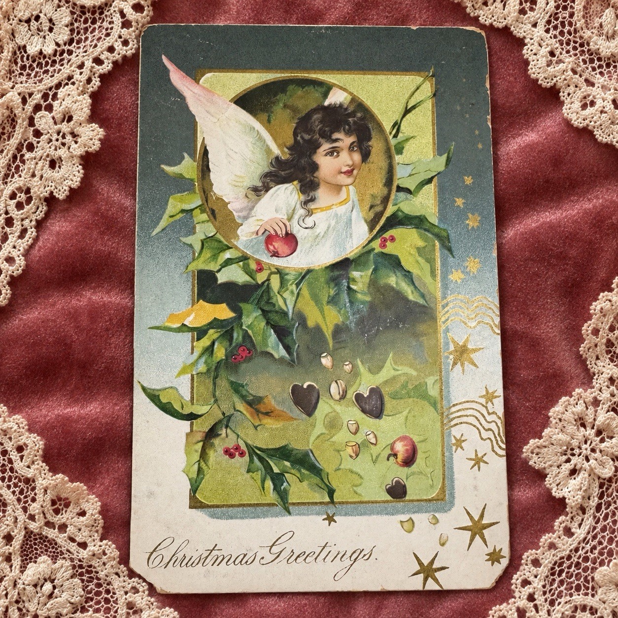 Antique c1905 Christmas Postcard Angel Holly Gold Embossed Germany