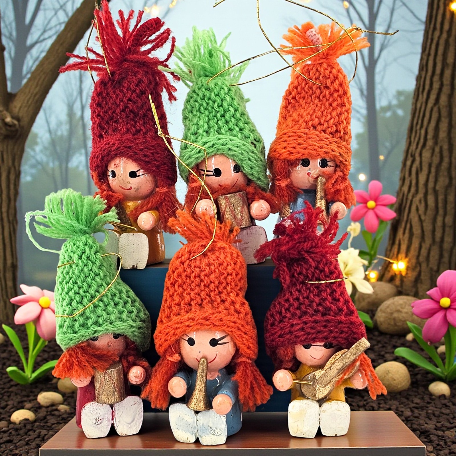 VTG Wood Mini Elf Ornaments Elves Gnomes Band Musicians Crochet Knit Hats Lot 6