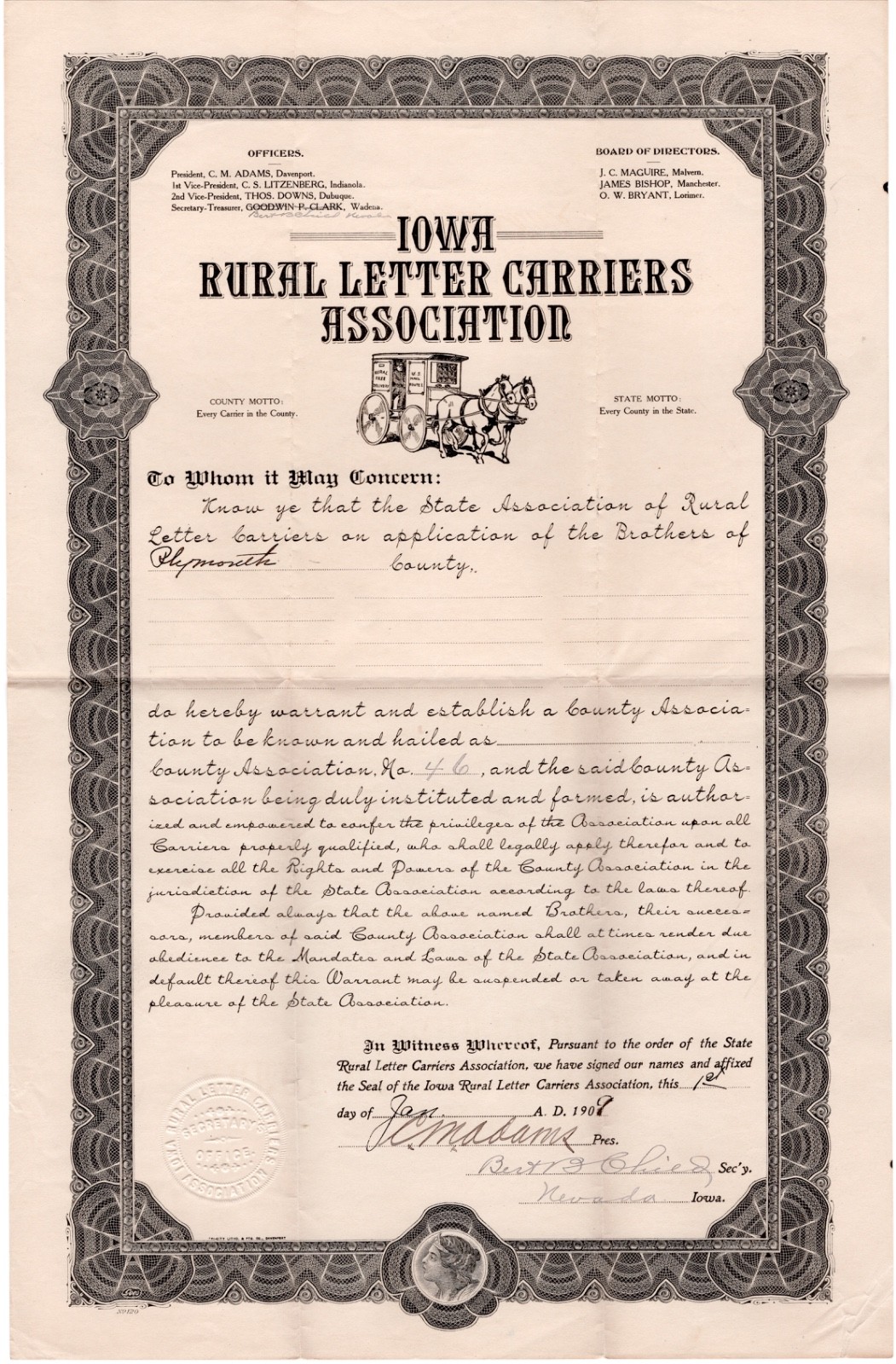 1909 Iowa Rural Letter Carriers Association Charter Plymouth County No. 46 RFD