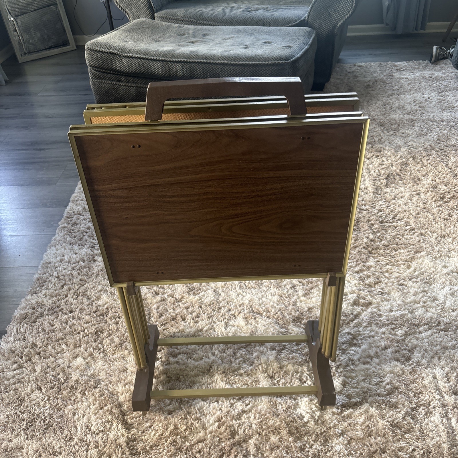 Complete Vintage Faux Wood TV Trays with Rolling Stand and Gold Lucite Wheels 