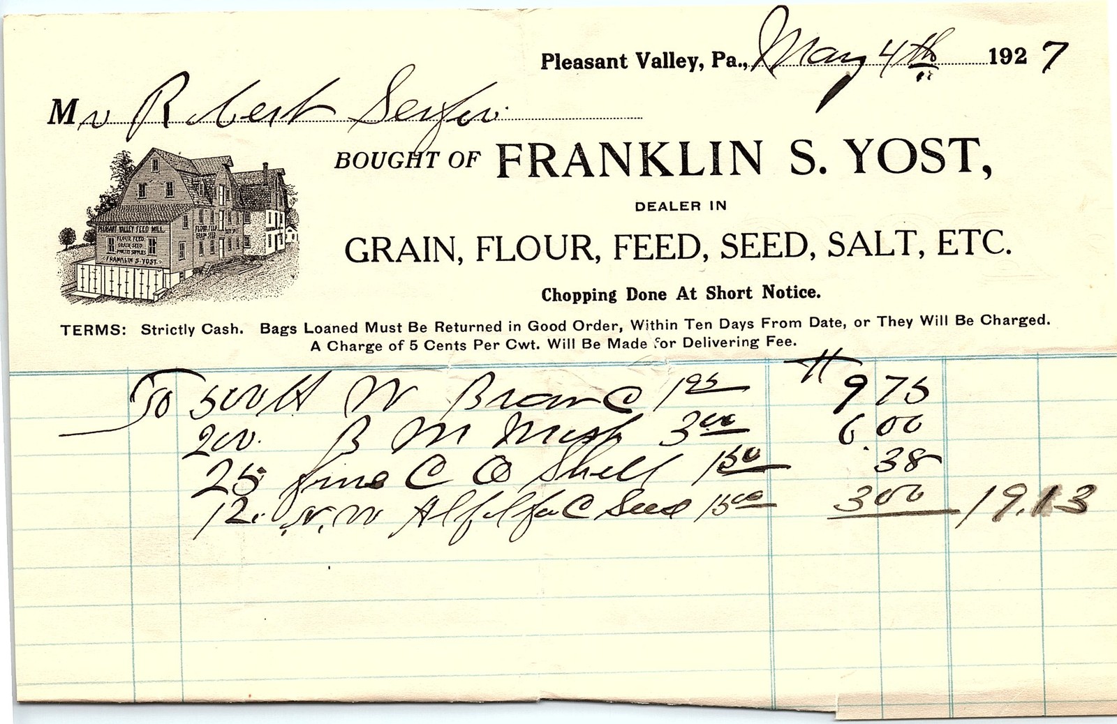 1927 Franklin S. Yost Pleasant Valley PA Grain Dealer Billhe 1927 Franklin S. Yost Pleasant Valley PA Grain Dealer Billhe