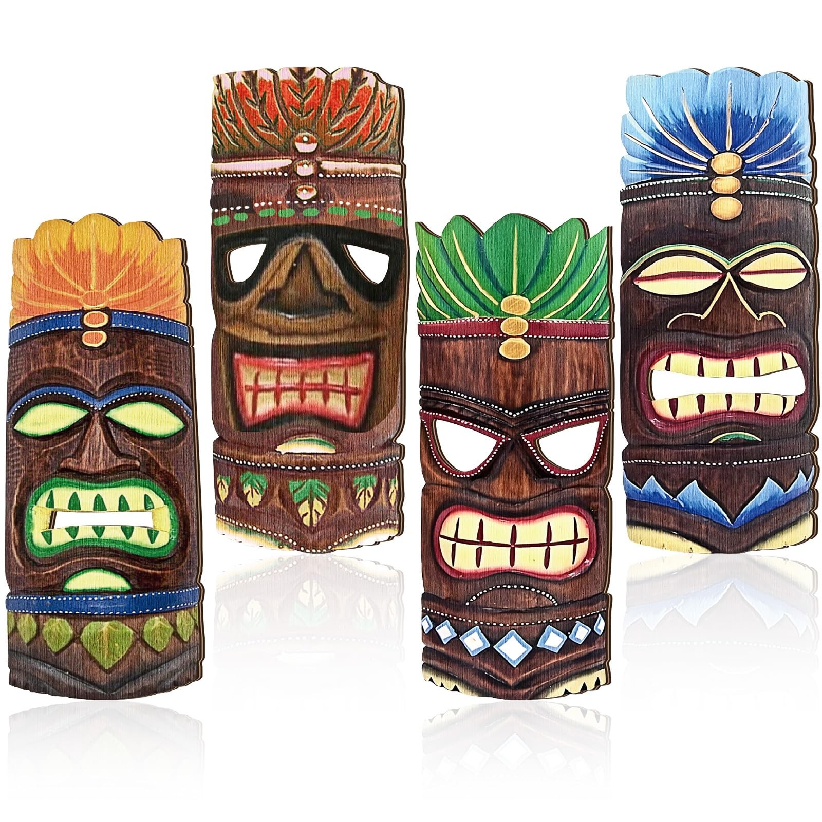 4 Pcs 11.8 Inch Wooden Tiki Masks Tiki Totem Hanging Decor Island Tropical Po...