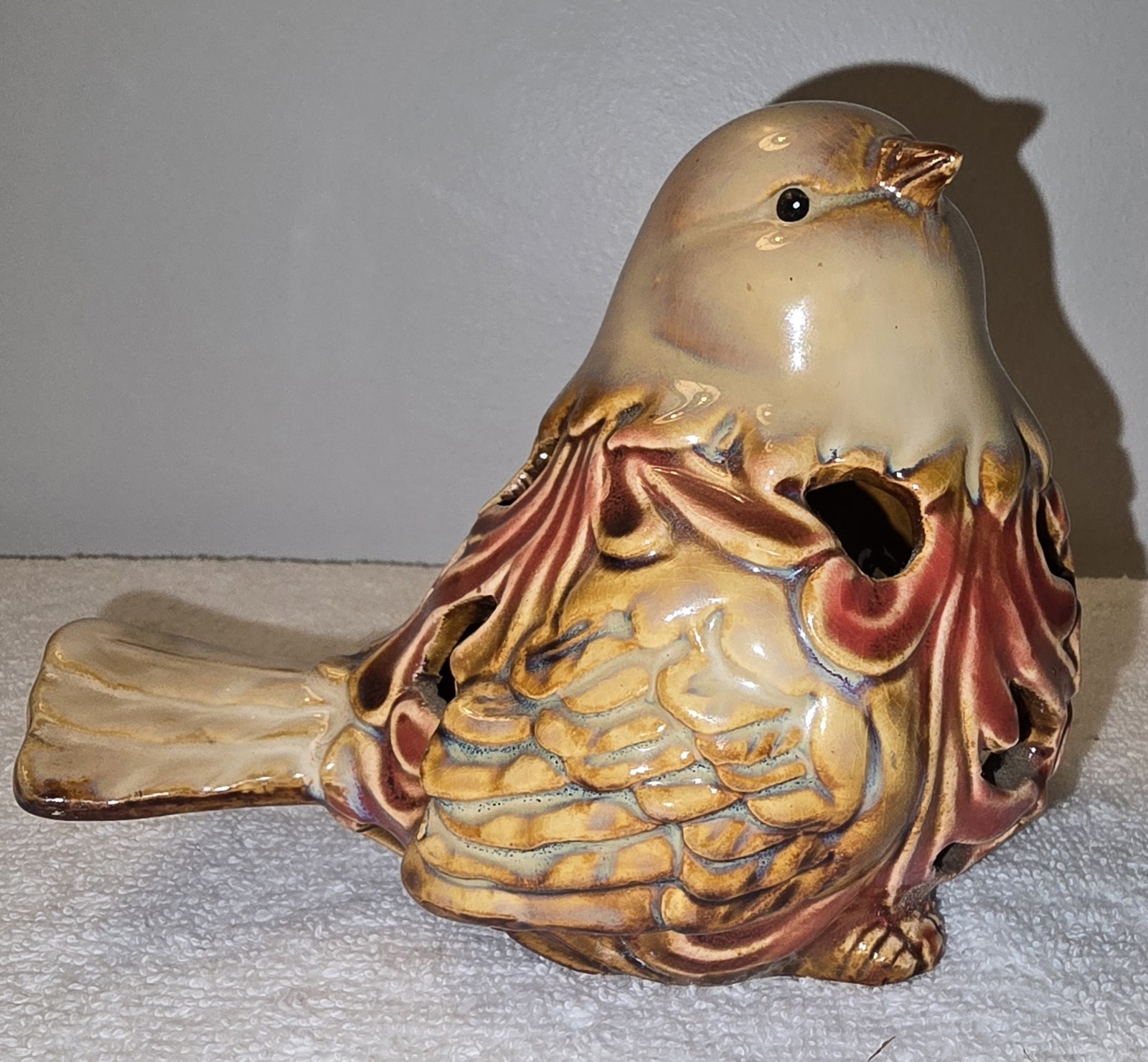 Vintage Reticulated Ceramic Bird Figurine Pierced Floral Openwork Brown Red Gold