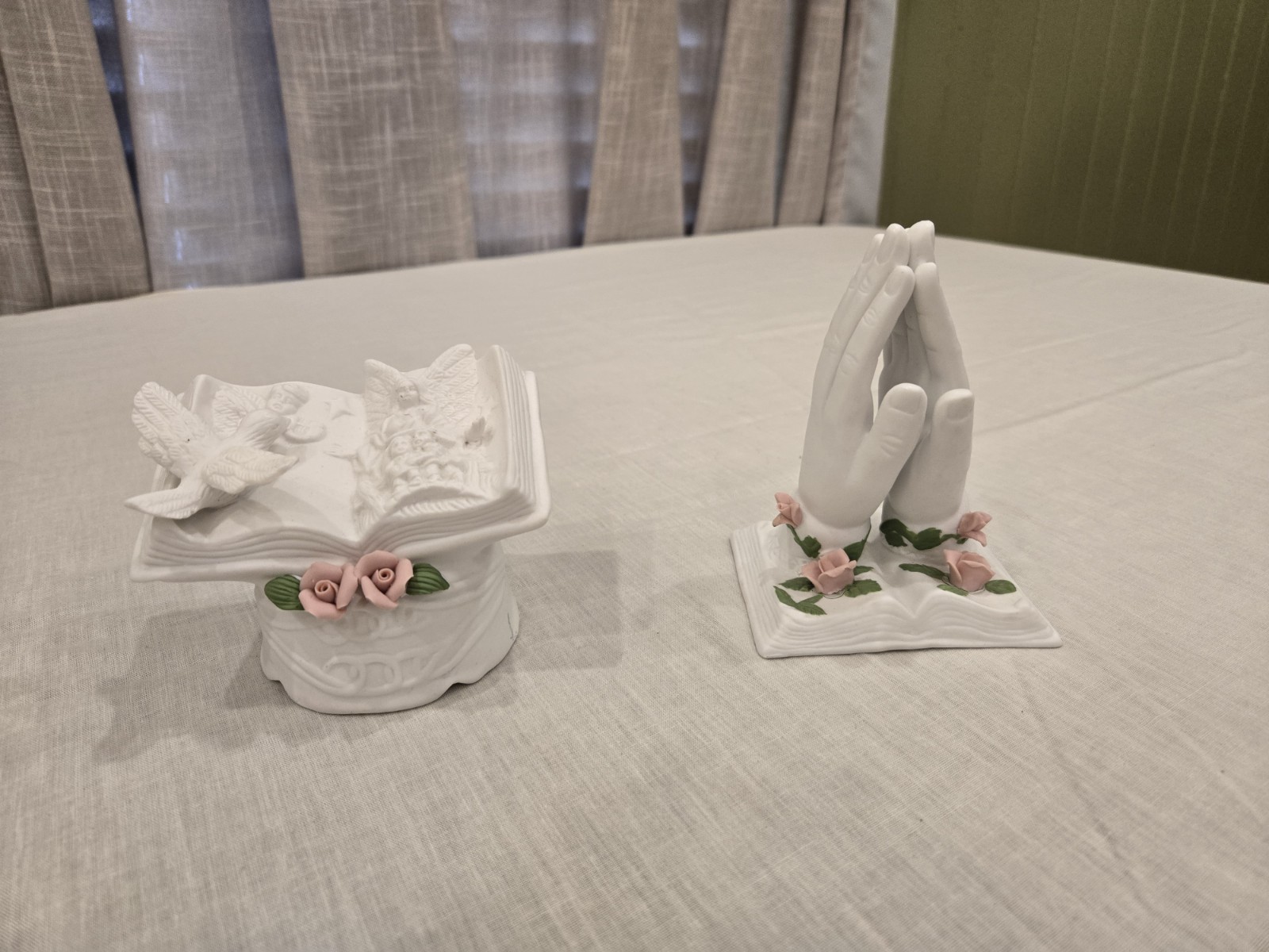 Set of Two Ceramic Inspirational Praying Hands & Angel Book with Doves/Flowers